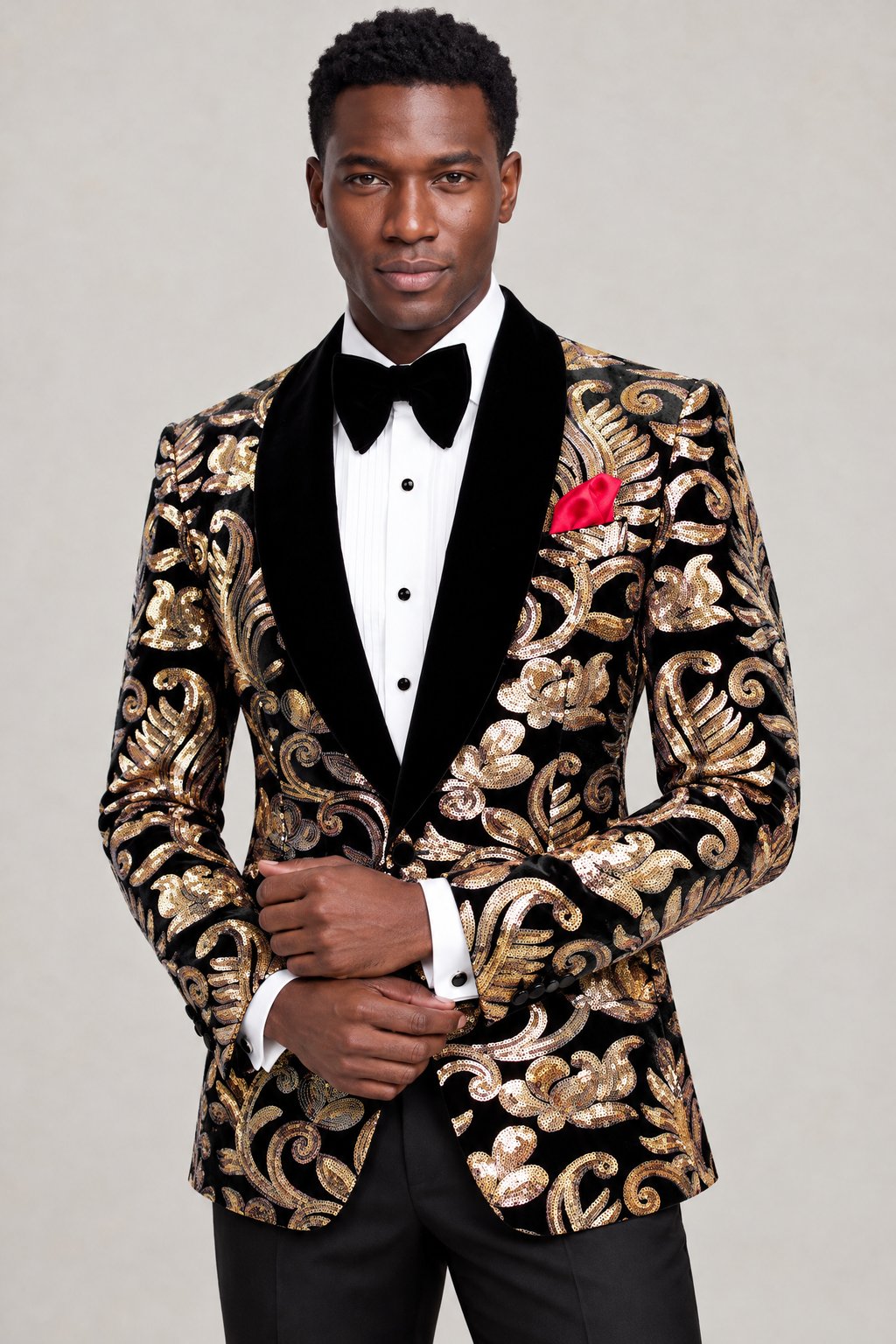 Black and Gold Velvet Tuxedo Jacket Jacket Length Thumbnail with Black Shawl Lapel from Gentlemansguru.com