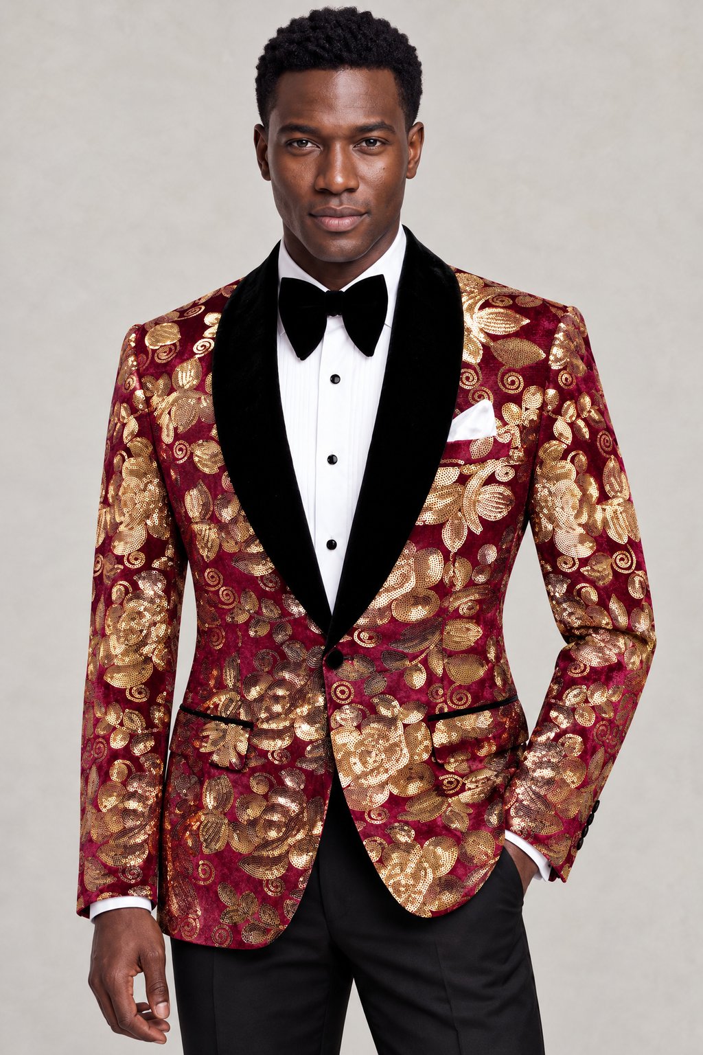 Burgundy and Gold Velvet Tuxedo Jacket with black shawl lapel and white pocket square from Gentlemansguru.com