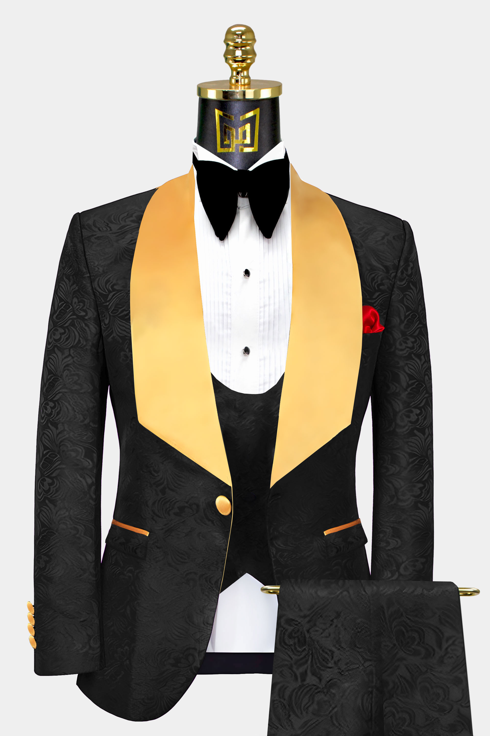 White tuxedo jacket with gold clearance lapel