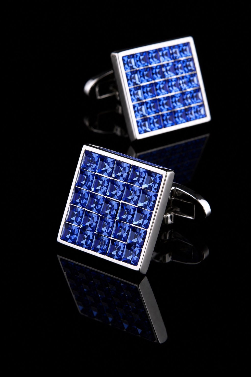 Blue Swarovski crystal cufflinks with square silver frames for men from Gentleman’s Guru