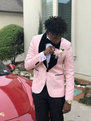 Pink tuxedo jacket top with black lapels