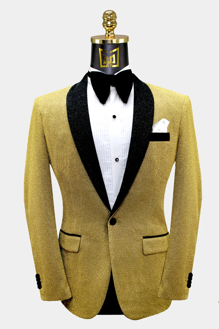 Bespoke Black One Button Wedding Men Suits With Gold Lapel Ballbella ...