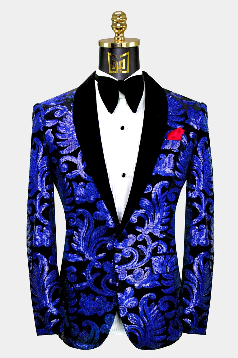 Royal Blue Velvet Prom Outfits Online Chic Peaked Laple Men's Suit