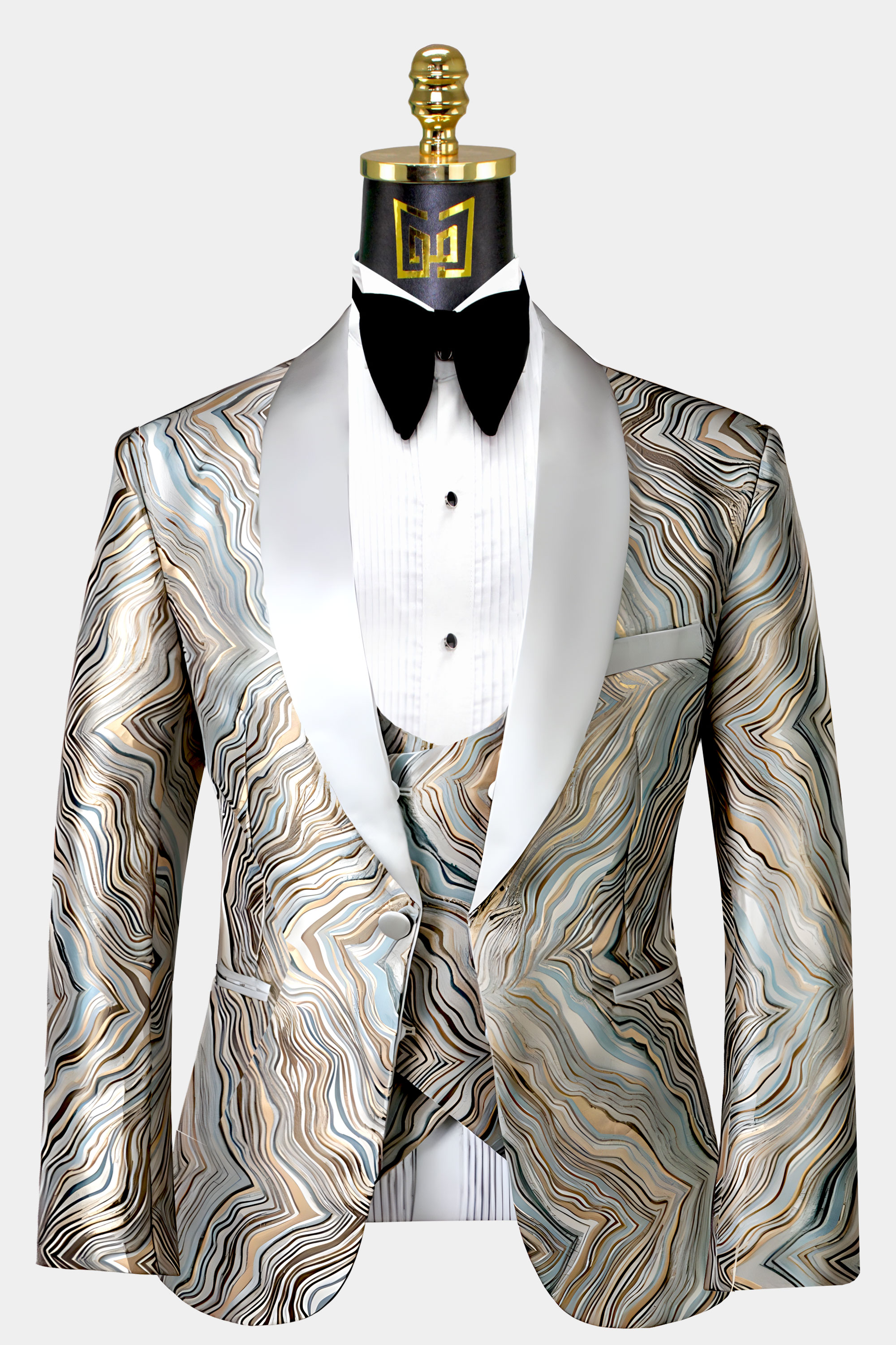 White and 2024 gold tuxedo jacket