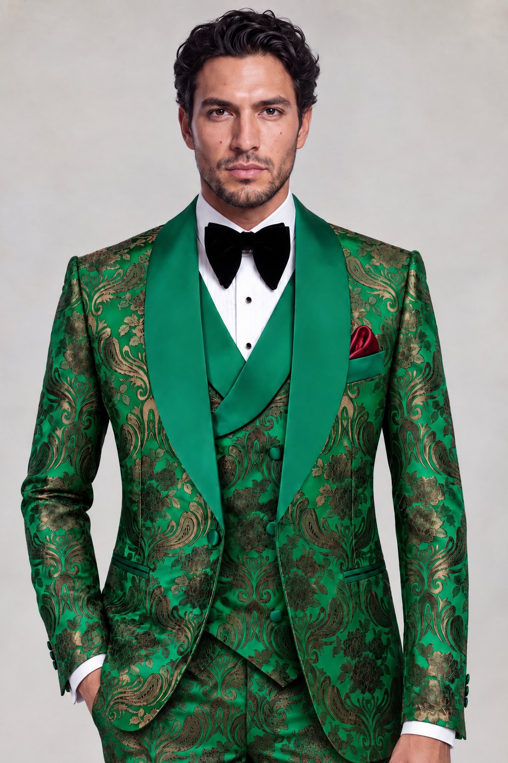 Green Floral Tuxedo Matching Trousers Jacket Length Portrait from Gentlemansguru.com