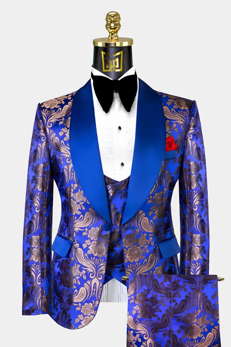 Custom Made Men Suits Black/Navy Blue With Gold Print Groom Tuxedos ...