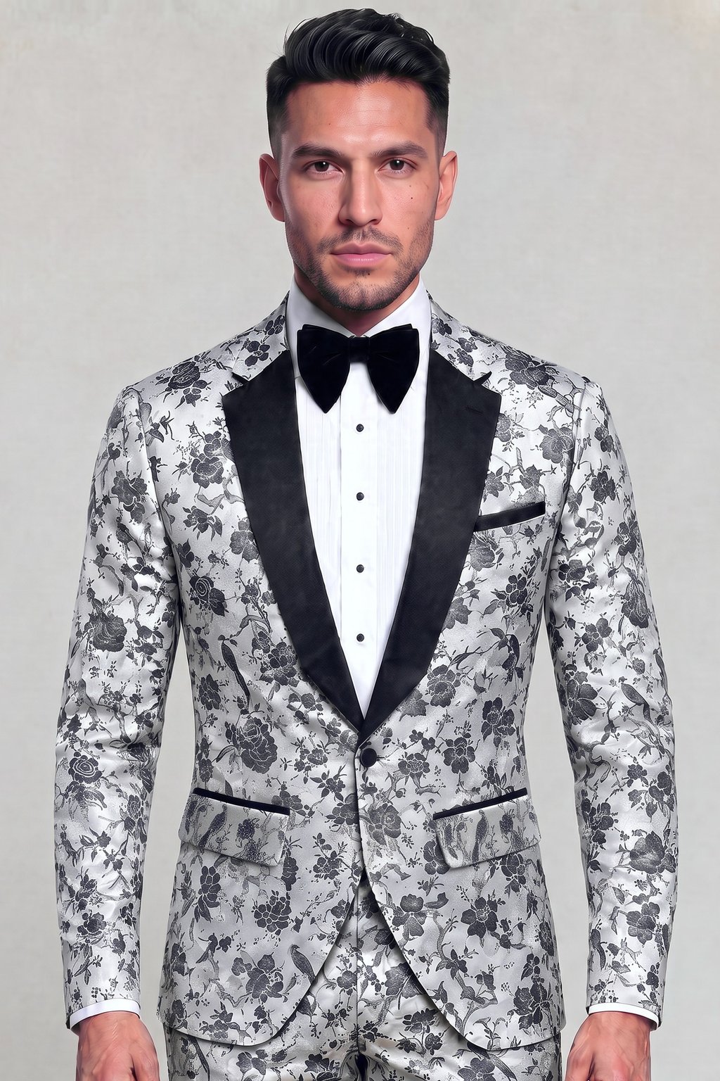 Silver floral tuxedo with notch lapels, one button and patterned flap pockets