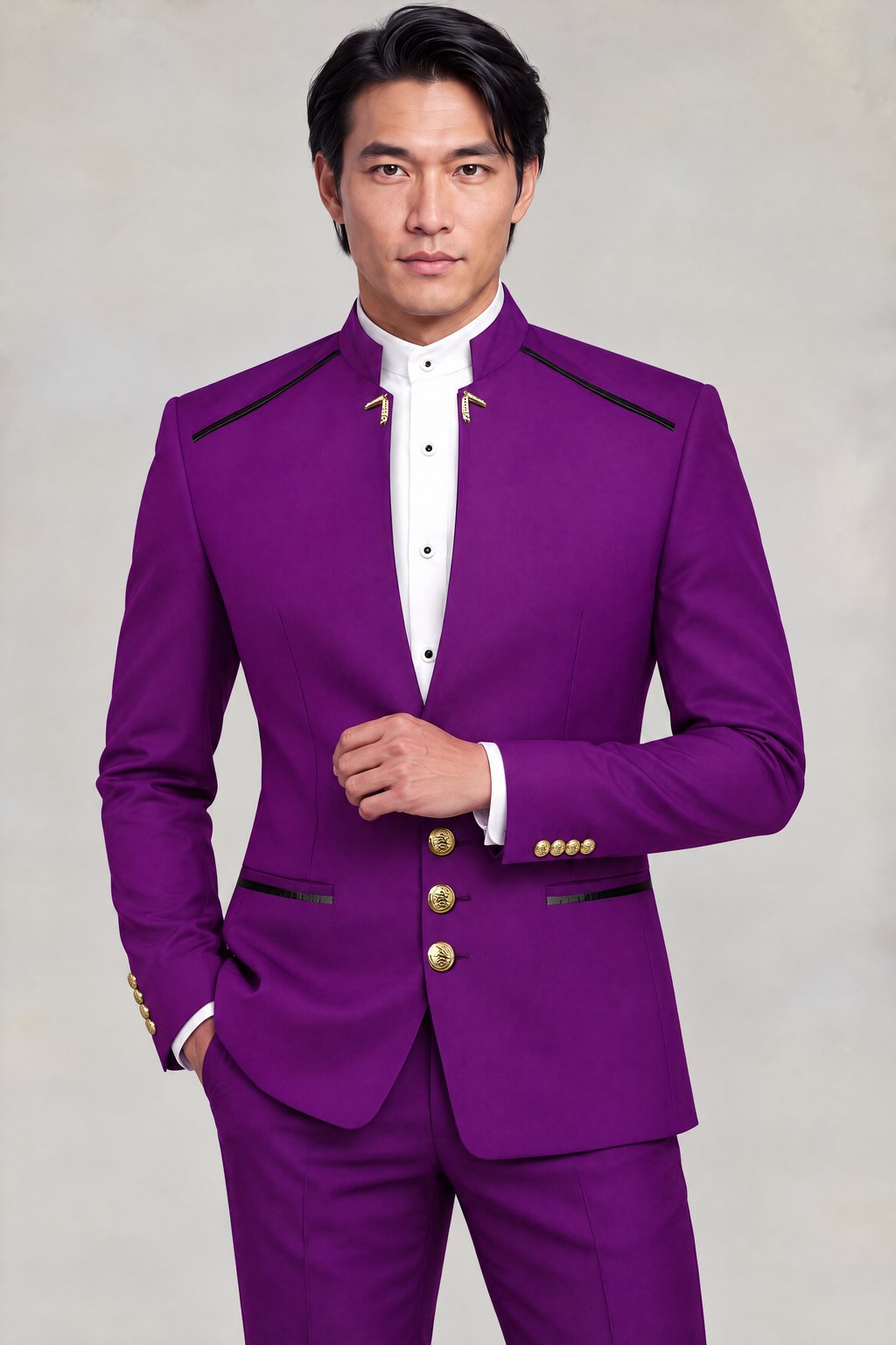 Purple Mandarin Collar Suit with gold buttons, gold collar embellishments and matching purple trousers from Gentlemansguru.com