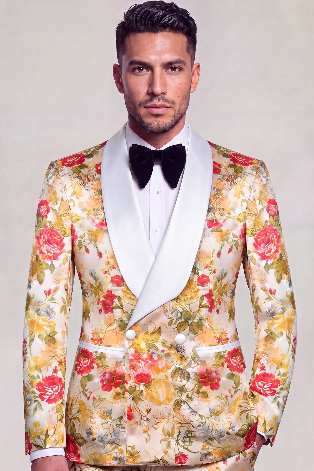 Peach floral double-breasted tuxedo with white satin shawl lapels