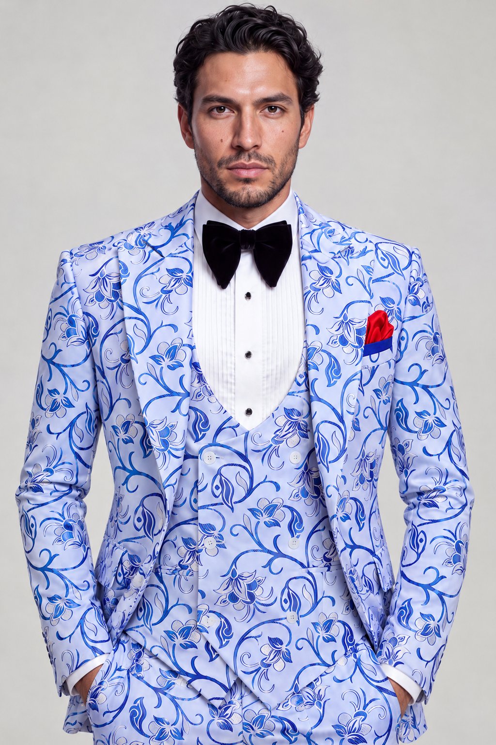 Silver and Blue Suit Matching Trousers Jacket Length Portrait from Gentlemansguru.com
