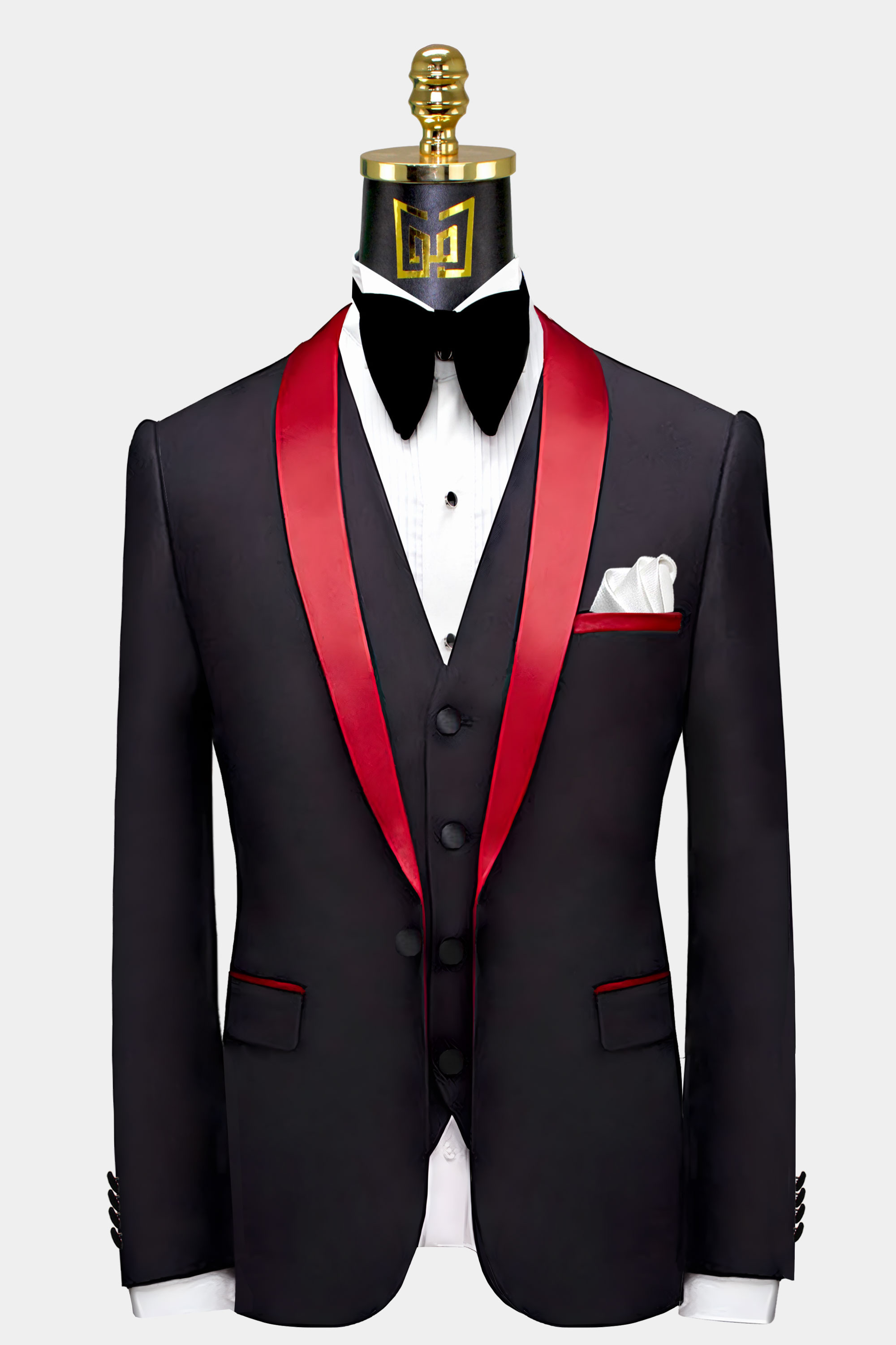 red suit jacket with black trim