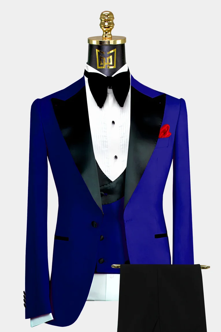 Navy Blue Double Breasted Men Stripe Suit Formal Prom Groom Tuxedos Wedding  Suit
