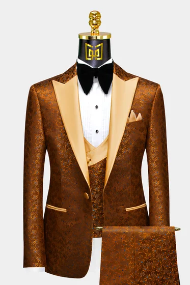 Men's 3 Piece Suit Set Wedding Brown Tuxedo Groomsmen Party Wear