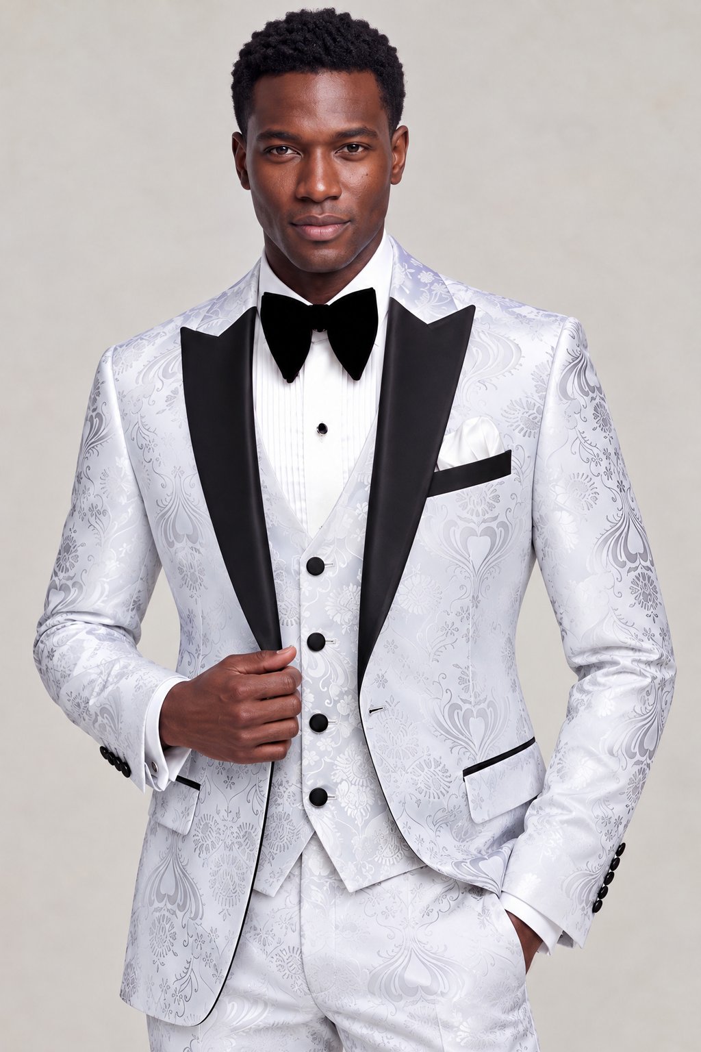 White and Silver Tuxedo Cropped Jacket Length Thumbnail from Gentlemansguru.com