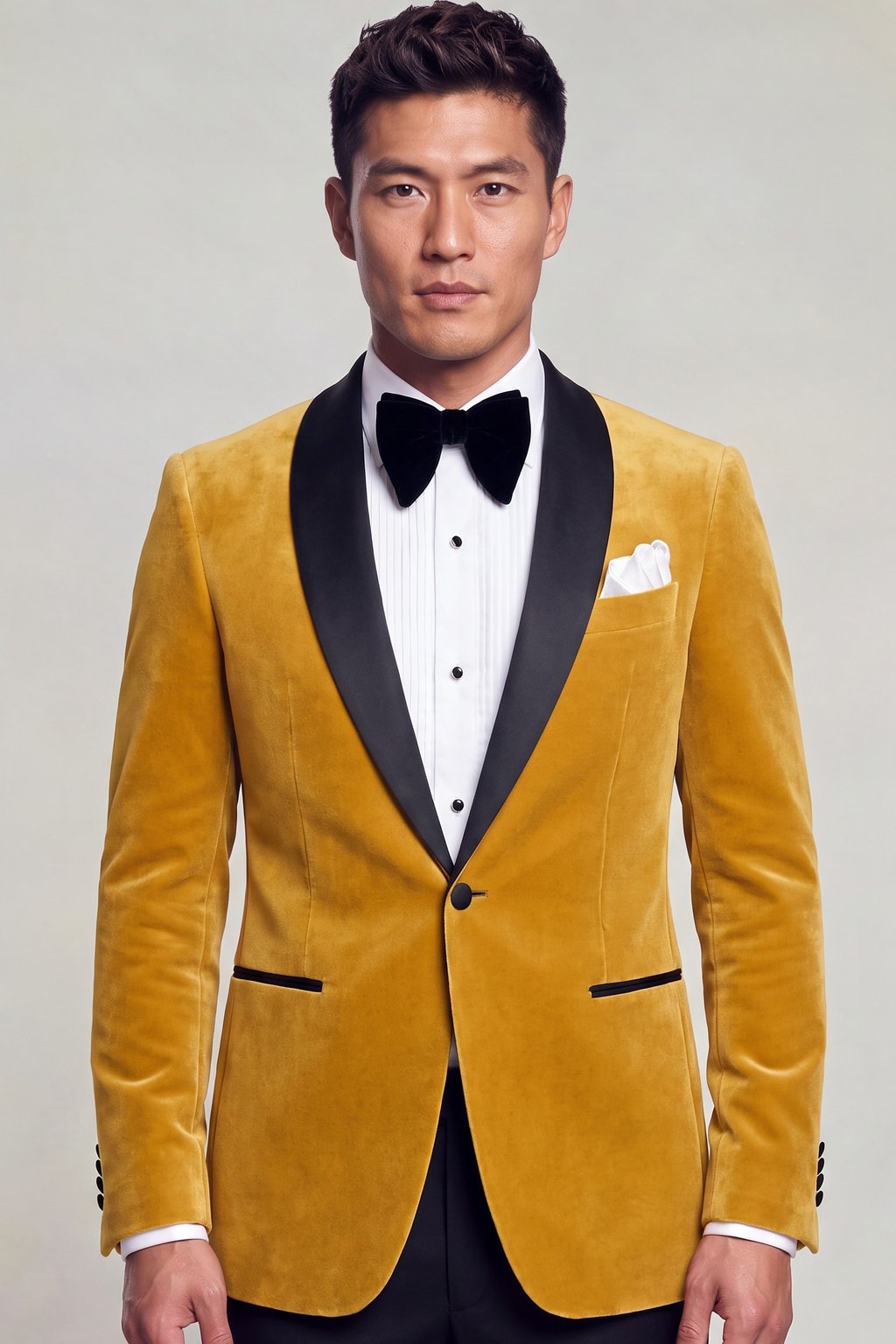 Asian male model wearing a gold velvet tuxedo jacket with a black satin shawl lapel