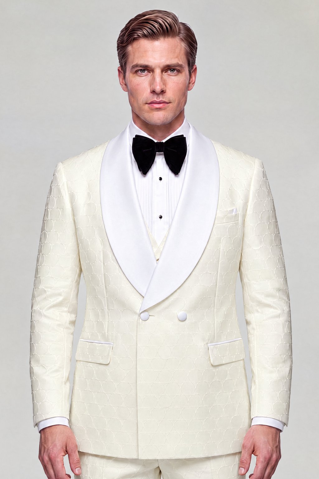 Front portrait showing the full cream tuxedo jacket, white satin shawl lapels and matching patterned trousers from Gentleman&rsquo;s Guru