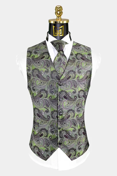 Mens Vest Green Paisley Vest And Tie Set Gentleman's Guru Black
