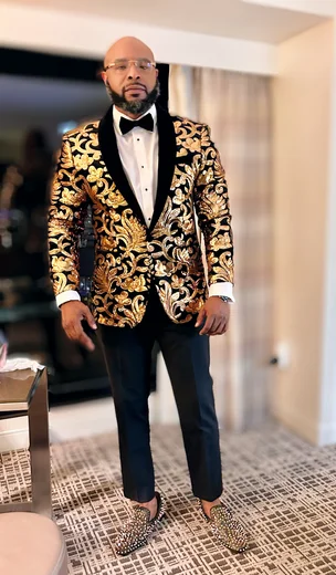 Black and gold velvet suit discount