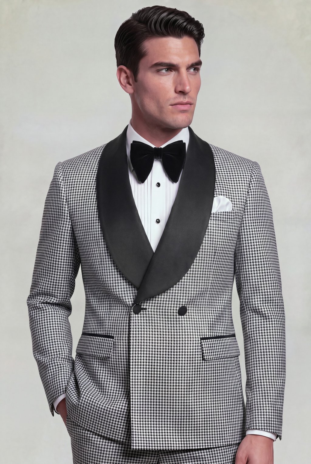 Grey houndstooth tuxedo with wide black shawl lapels and matching trousers, jacket-length view