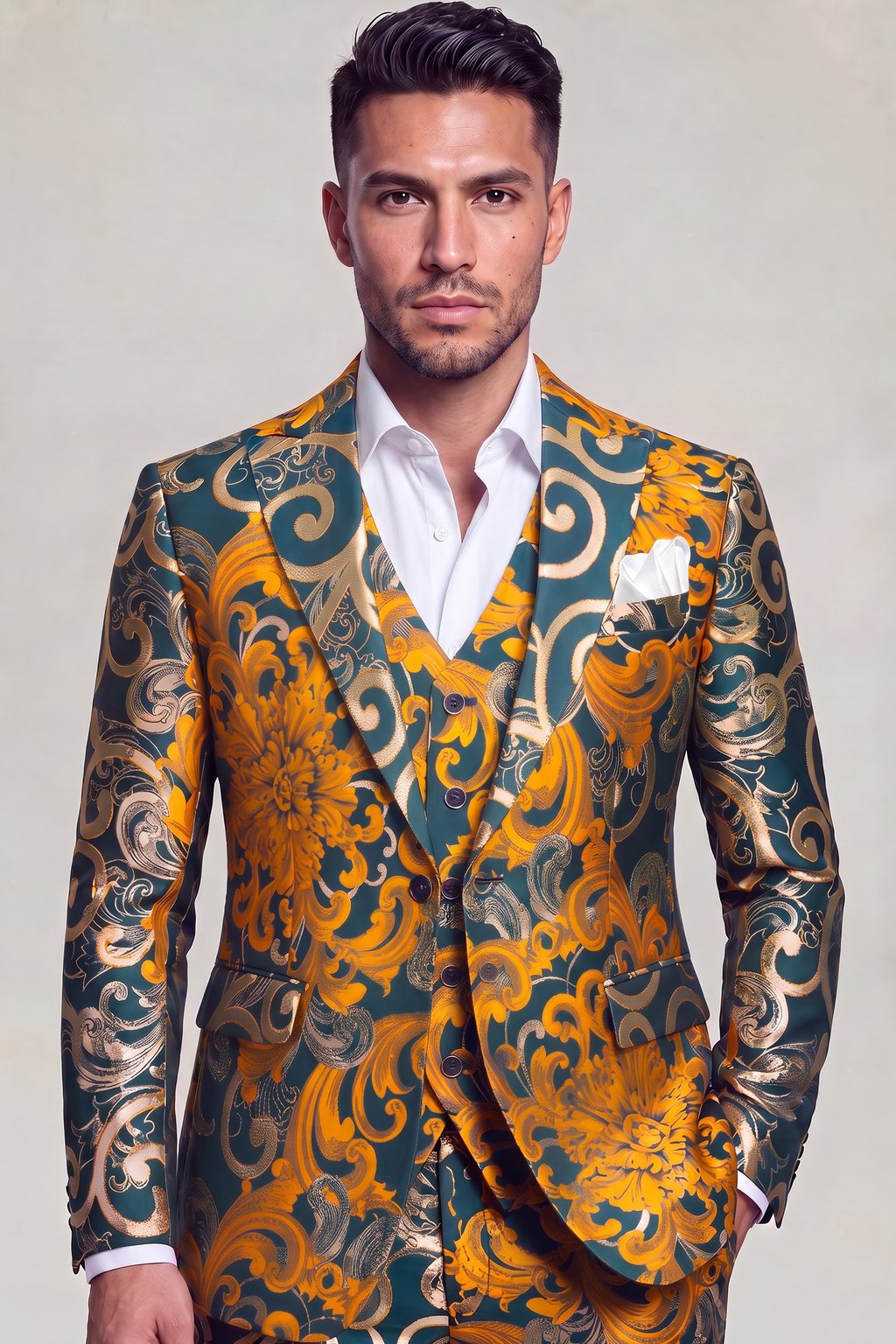 Men&rsquo;s gold floral three-piece suit with peak lapels and an open-collar shirt