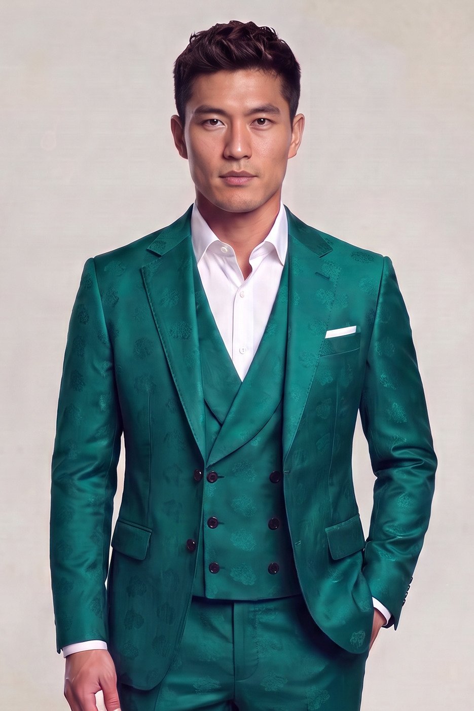 Jacket-length view of a teal green floral three-piece suit with a matching double-breasted vest and open-collar white shirt