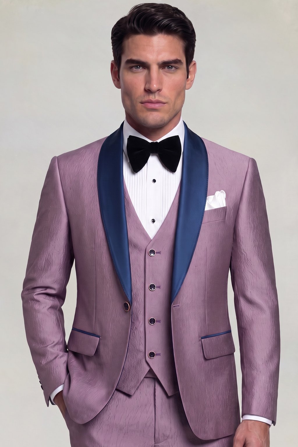 Men&rsquo;s light plum three-piece tuxedo with wide navy satin shawl lapels and matching trousers