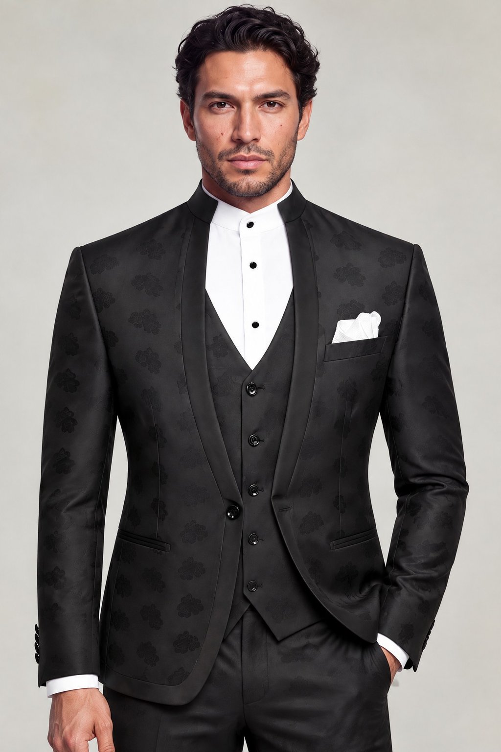Black floral mandarin collar suit with five-button vest and white pocket square
