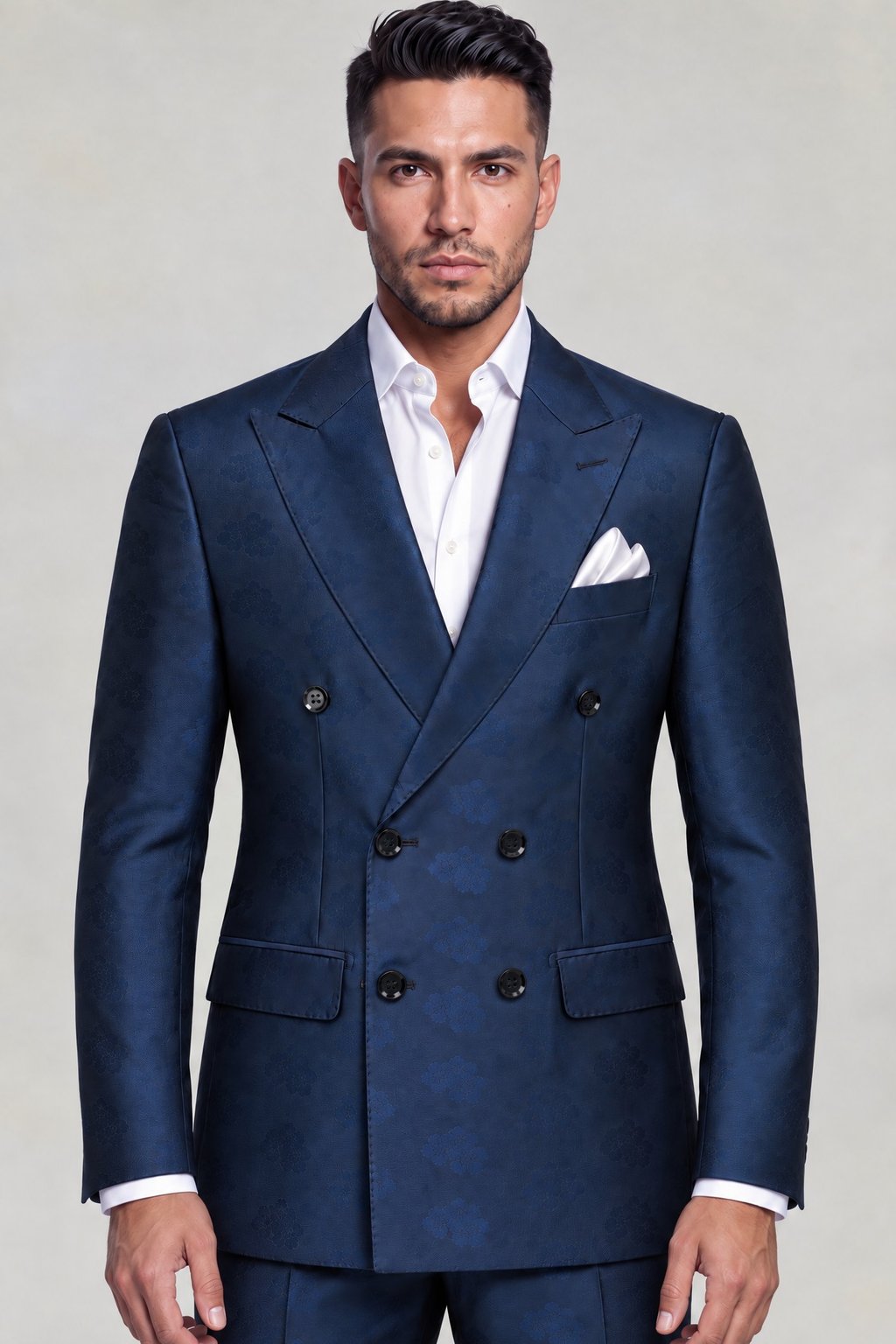 Men's dark blue suit with six-button double-breasted jacket and open-collar shirt